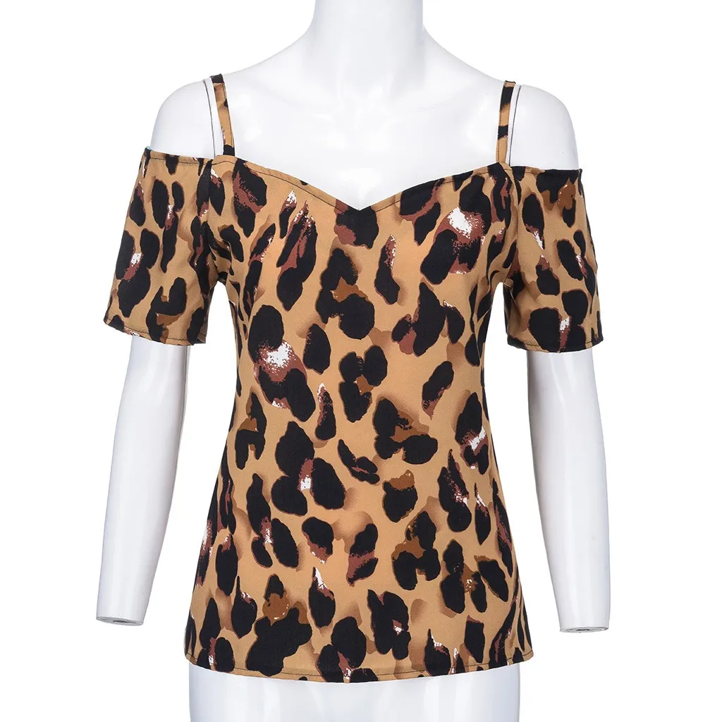 Блузки Для женщин с v-образным вырезом и леопардовым короткий рукав пикантные