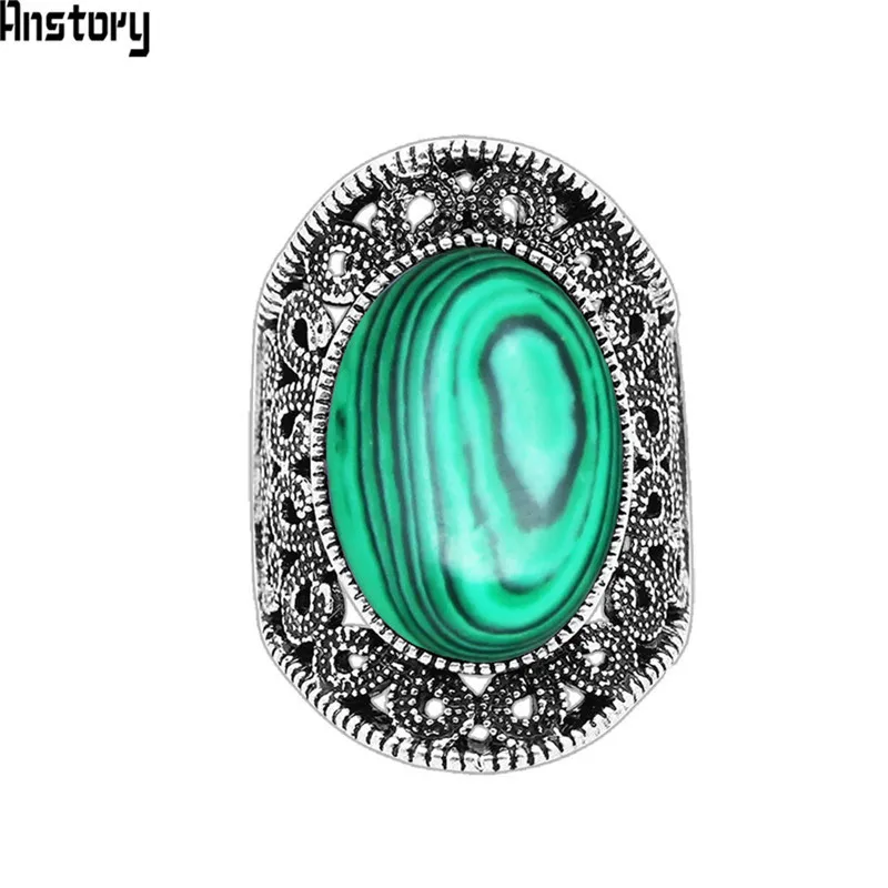 Oval Malchite Rings For Women Flower Desing Vintage Look Antique Silver Plated Fashion Jewelry TR666|Кольца| |