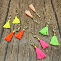 Mix Color Neon Pink Orange Green Yellow Tassel Gold Bezel Crystal Dangle Earrings ER22545