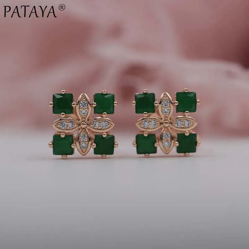 Роскошные женские серьги PATAYA, четыре квадрата, 585, розовое золото, зеленый цвет, натуральный циркон, серьги, свадебные украшения, свадебные вечерние серьги AAA
