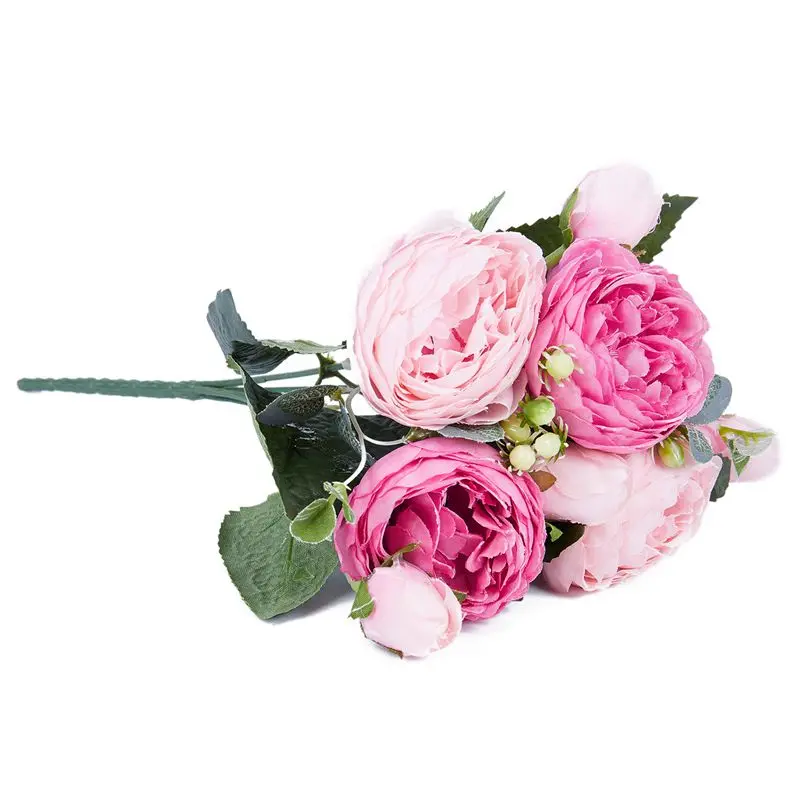 Pink and rose red Искусственный шёлковый пион, букет цветов, Искусственный лист, свадебное украшение для дома - Цвет: Pink and rose red