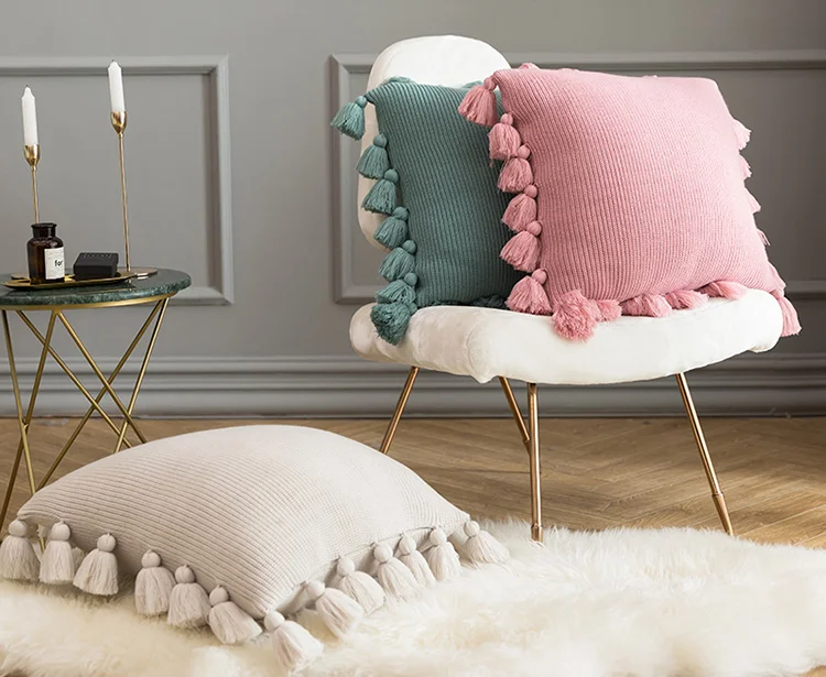 Knitted Cushion Cover Solid Pink Beige Grey Nordic Style Pillow Case With Tassle For Sofa Bed Room Home Decorative 45*45cm