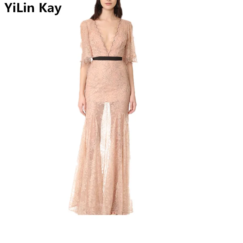 Женское длинное кружевное платье YiLin Kay роскошное вечернее с V-образным вырезом в