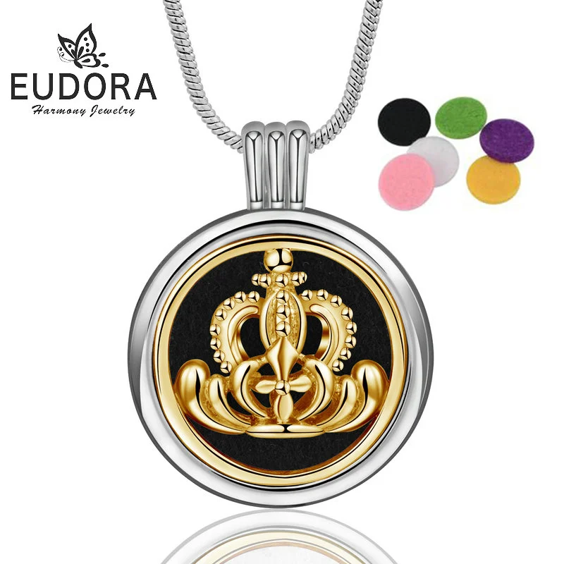 

EUDORA 20 mm Gold Crown Essential Oil Diffuser Perfume Lockets Necklace Aromatherapy Lockets Pendant Necklace with 6 Pads X70G20