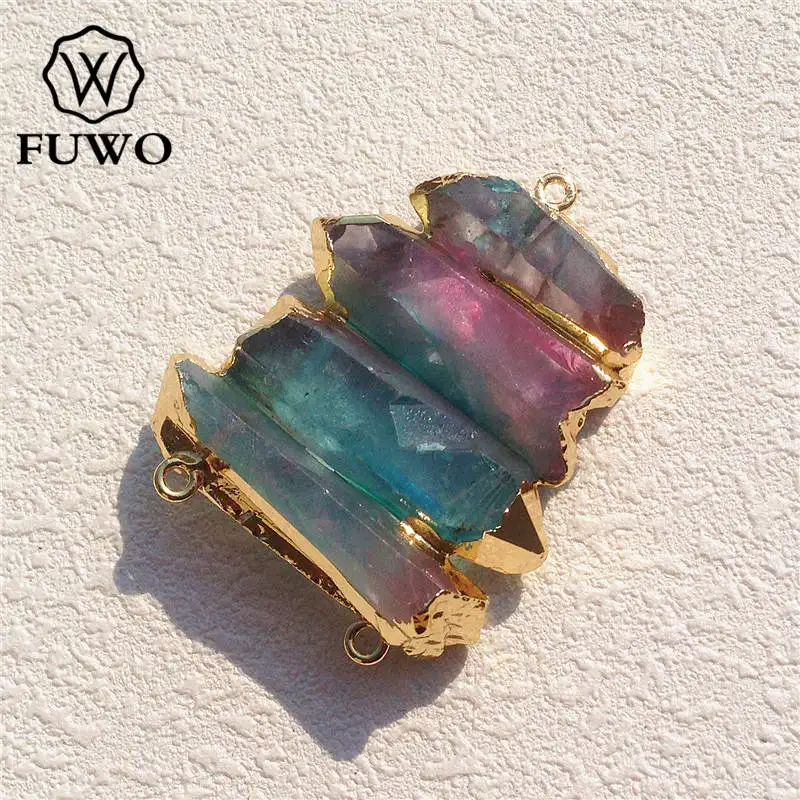 FUWO Aura Crystal Quartz Connector Pendant With Three Loops 24K Gold Electroplated Multicolour Crystal Bar Jewelry Design PD089