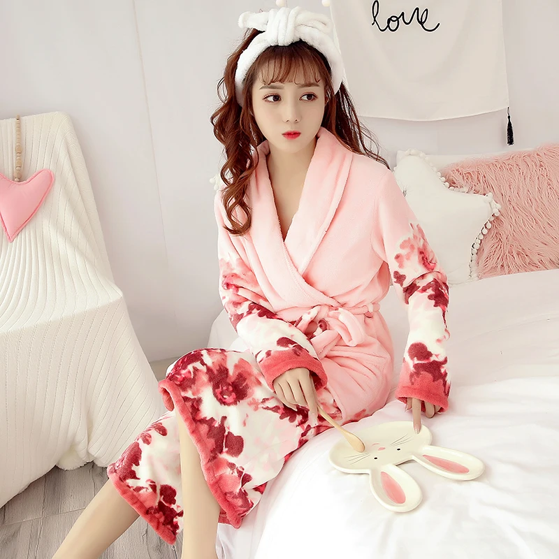 Толстые теплые фланелевые халаты для женщин 2019 Зимняя мода длинный рукав