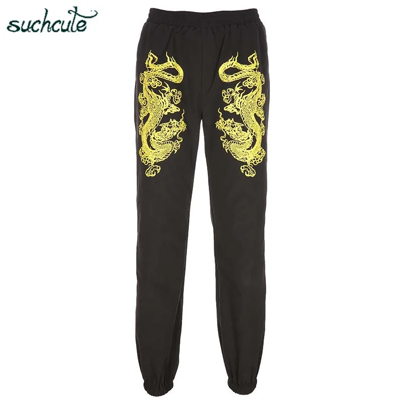 black pants SUCHCUTE/женские брюки с высокой талией; большие размеры; с принтом; черные брюки; уличная одежда в стиле пэчворк; брюки-карандаш в Корейском стиле - Цвет: black pants