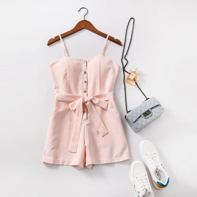 Pink Новинка, Женский Летний комбинезон, милый, модный, полосатый, с ремнем, v-образный вырез, без рукавов, с открытой спиной, комбинезон, синий, розовый, комбинезон - Цвет: Pink