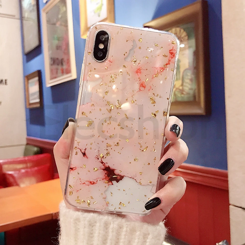 Блестящий чехол из золотой фольги для iPhone 7, 8 Plus, X, XS, XR Max, роскошный блестящий Мраморный чехол для iPhone 6, 6 s, Модный мягкий чехол из ТПУ