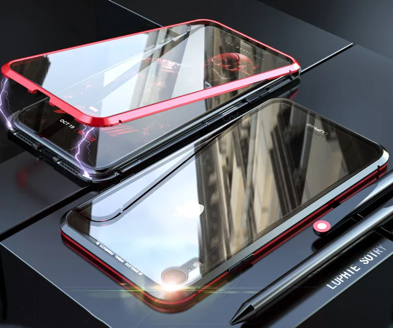 Переднее и заднее стекло Магнитный чехол для iPhone Xs MAX 360 Флип Роскошный металлический бампер прозрачный стеклянный чехол для iPhone 7 8Plus XR чехол флип