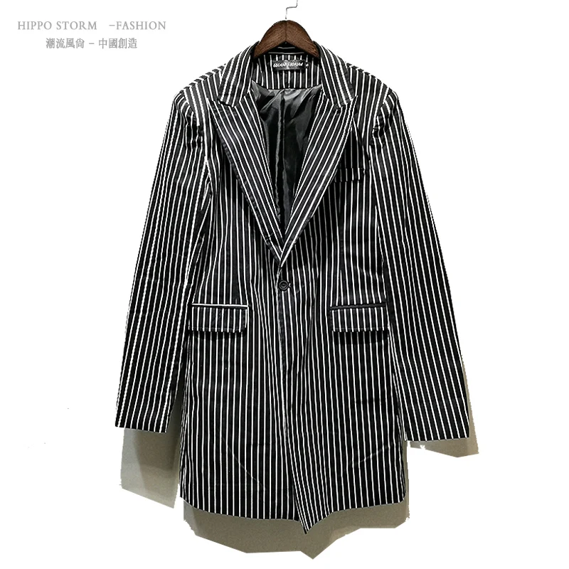 

M-6XL!!Black and white pinstripe long suit cotton suit British Korean version of the suit nightclub tide male hair stylist smal.