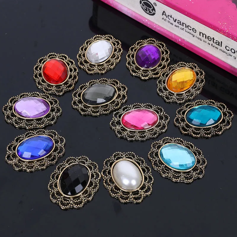 

Engood 2018New 100Pcs Retro Alloy Oval Acrylic Lace Buttons for Wedding Decorative or DIY Hair Accessories BD16
