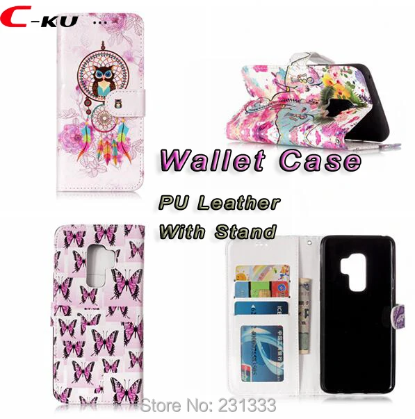 C-KU Cartoon OWL Oil Wallet Leather Pouch Case For Samsung Galaxy S9 PLUS Flower Skull Tiger TPU ID Card Stand Skin Fashion 1PCS | Мобильные
