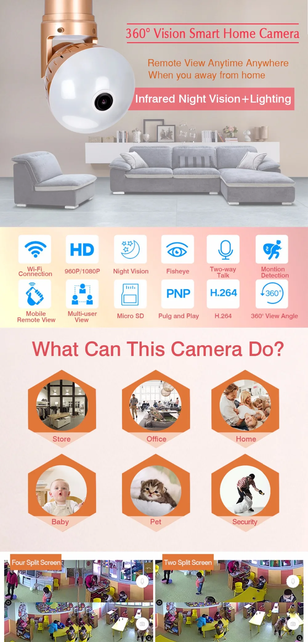 1080P HD 2MP светильник камера Wifi панорамная 360 градусов Беспроводная лампа рыбий глаз камера CCTV умный дом 3D VR Лампа безопасности Wifi камера