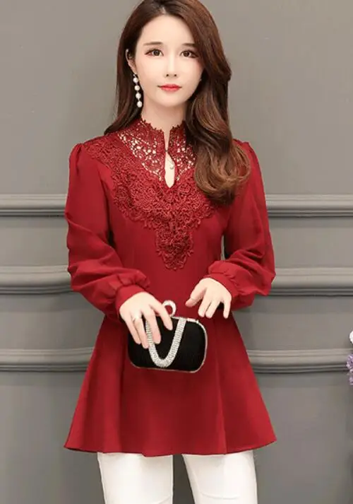 Red Лоскутные кружевные блузки, рубашки, вязанные крючком, открытые топы для женщин, красная, черная туника-Пеплум, топы, винтажные блузки, рубашки, blusa encaje mujer - Цвет: Red