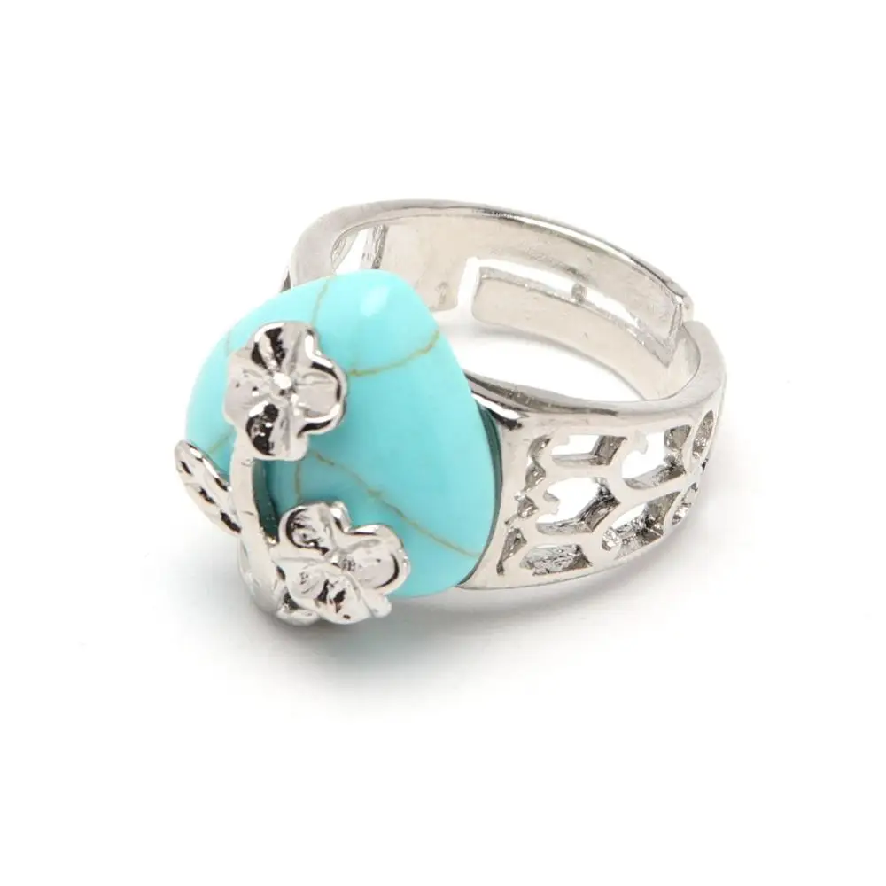 turquoise Свадебная вечеринка серебряный цвет выдолбленный цветок Сердце регулируемое кольцо натуральный кварц Лазурит Опал Камень Аметист Середина кольца - Цвет основного камня: turquoise