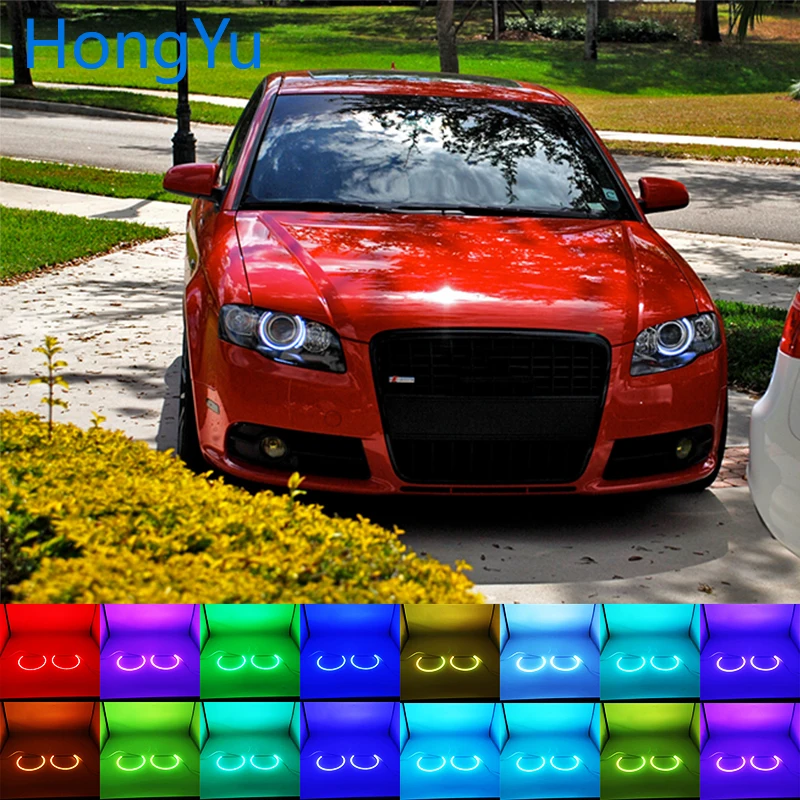 

Новейший налобный фонарь многоцветный RGB светодиодный ангельские глазки гало кольцо глаз DRL RF пульт дистанционного управления для Audi A4 S4 RS4 2005 - 2009 аксессуары