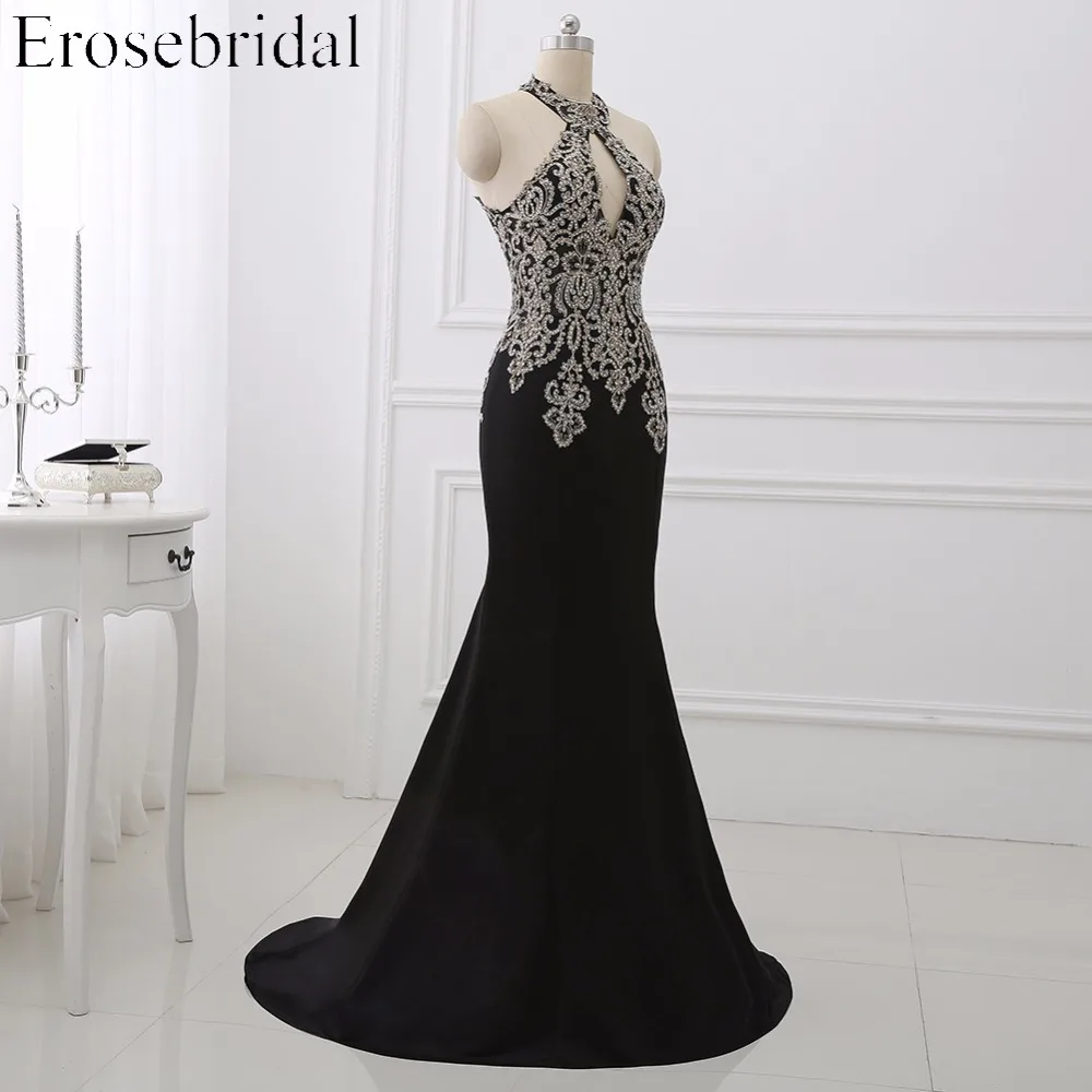 Черное вечернее платье русалки размера плюс, Erosebridal, Золотые Аппликации, корсаж, Формальные женские вечерние платья с лямкой на шее, платья ZDH04