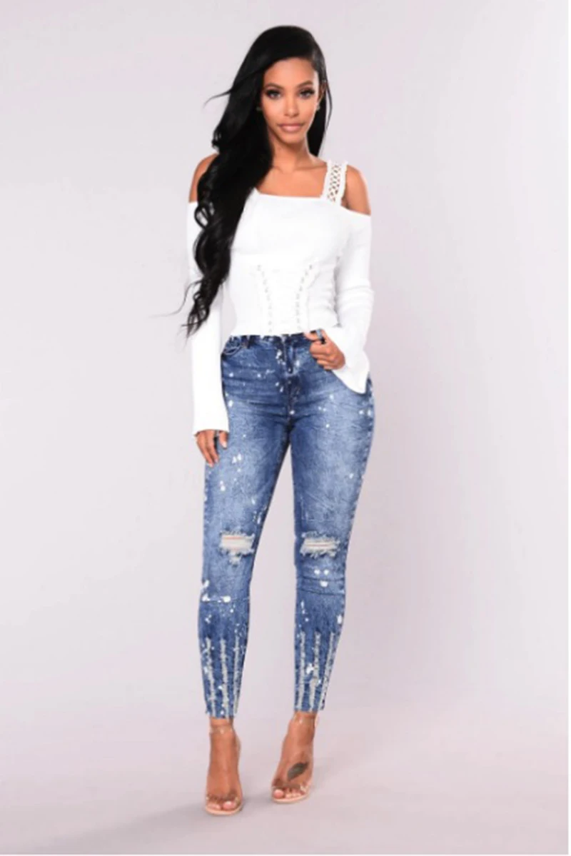 Дропшиппинг рваные модные джинсы женские классические с высокой талией узкие