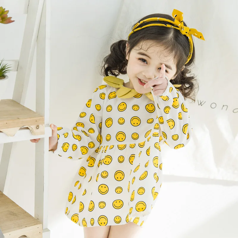 Baby Girls Dress Smiley Face Printed Petal Collar Full Cotton 2018 New Autumn For 1-5 Years Children's Dresse | Детская одежда и