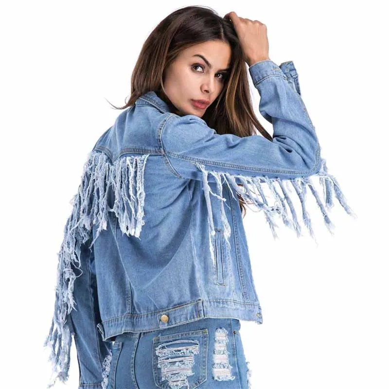 Женская джинсовая куртка с длинным рукавом однобортная повседневная короткая