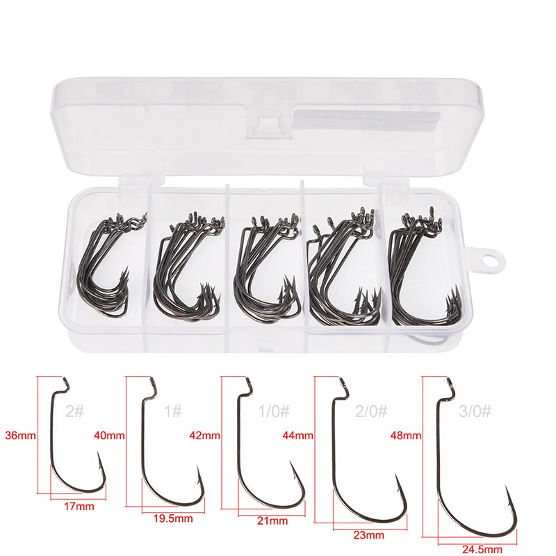 50pcs High Carbon Steel Crank Hooks Set 5 Mixed 1# 2# 1/0# 2/0# 3/0# For Soft Lure Fish In Storage Box Fishing Tackle B134 | Спорт и