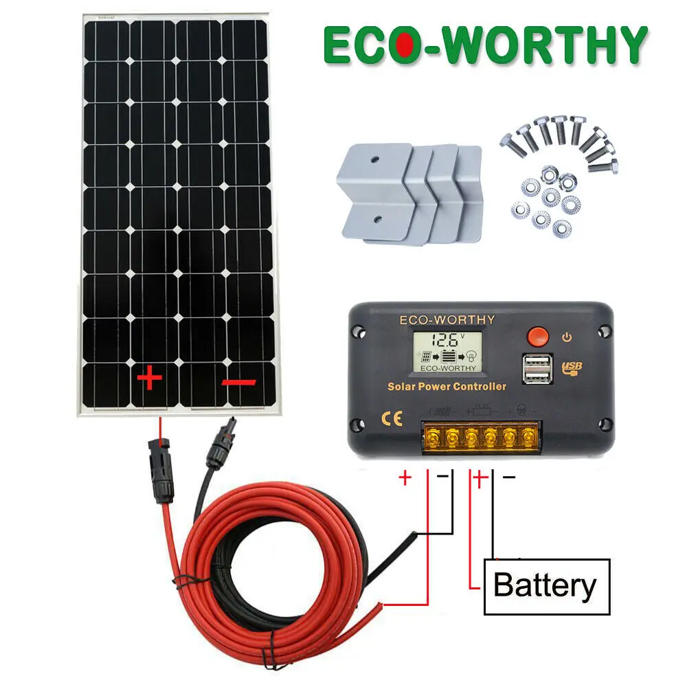 100W kit Комплект солнечных панелей ECOWORTHY 100 Вт, 12 В, зарядка от аккумулятора, 10 А/20 А, контроллер, караван, лодка, домашняя, RV, солнечная батарея, 200 Вт, 300 Вт, солнечное зарядное устройство - Цвет: 100W kit