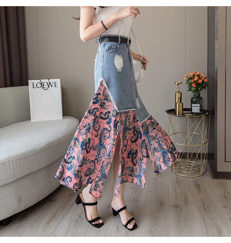 Trytree Summer Women two piece set Casual O-Neck Tops+ Skirt Demin Patchwork Print Hem Belt Pocket Suit Office Lady 2 Piece Set