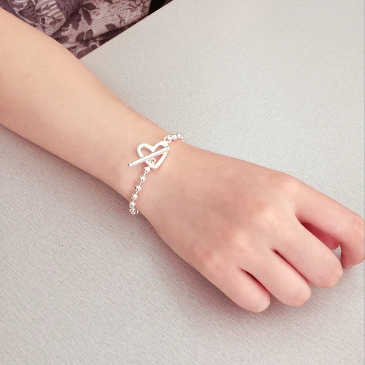 New Female 925 sterling silver bracelet cute heart pendant contracted design process round beads girls jewelry gift | Украшения и