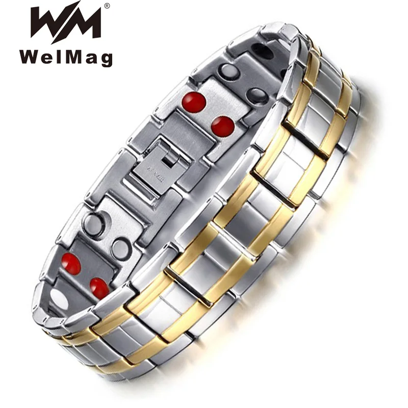 WelMag, мужские магнитные браслеты, браслеты из нержавеющей стали, серебро, золото, мощный терапевтический браслет, двухрядный германиевый браслет для здоровья