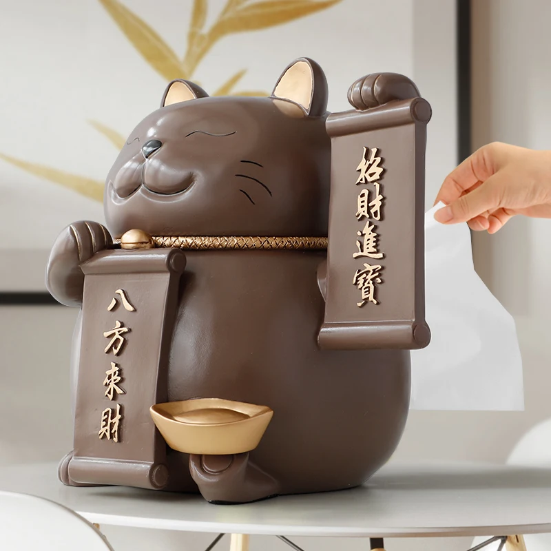 Статуя счастливая кошка из смолы с коробкой для салфеток настольного декора фэн