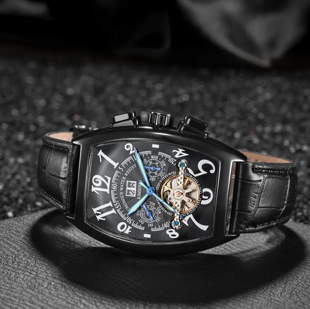 Мужские механические часы Tonneau Tourbillon Роскошные водонепроницаемые Модные деловые