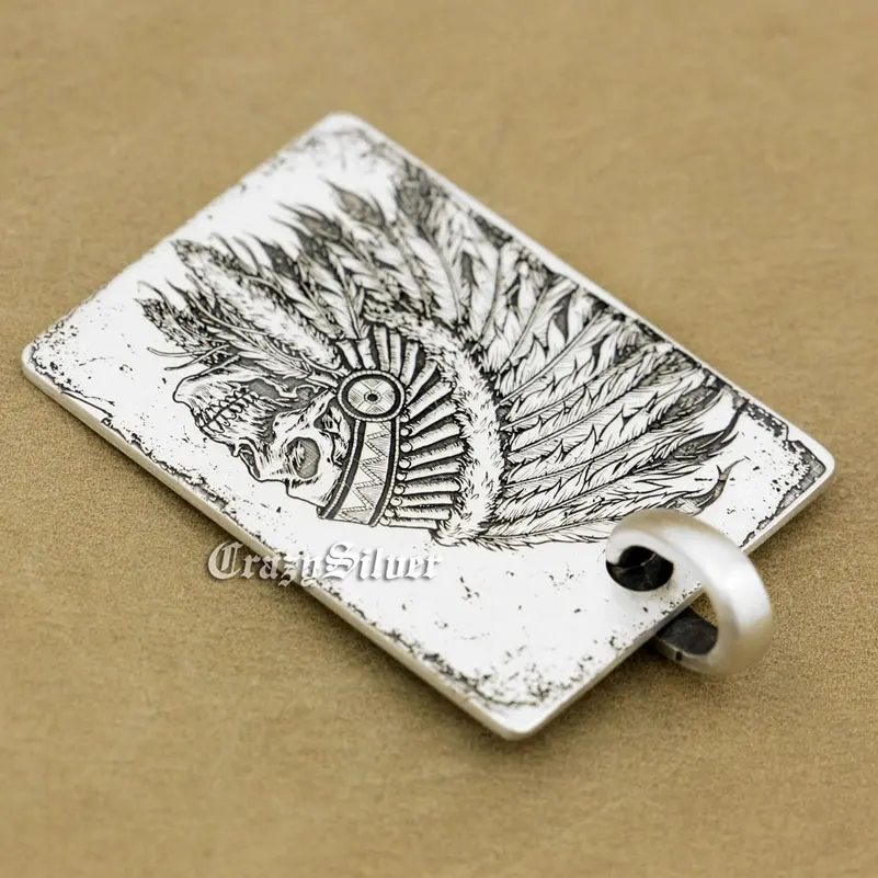 Fashion High Precision Deep Engraved Character Tags Solid 925 Sterling Silver Cool Men's Biker Indian Chief Skull Pendant 9X002 |