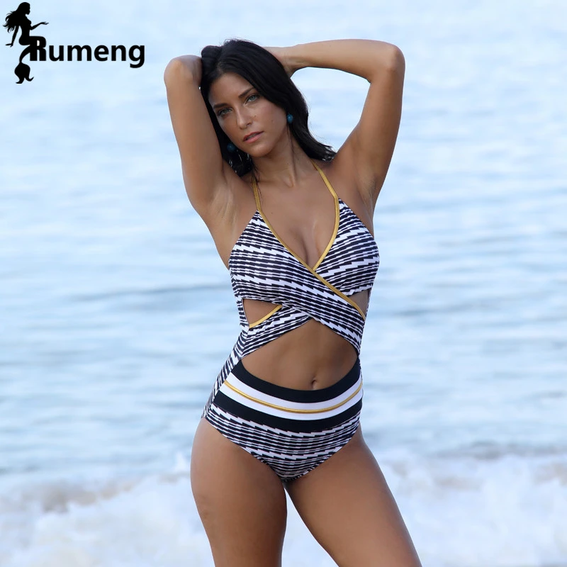 

RUMENG One Piece Swimsuit Sexy Women Bathing Suit Bodysuit Swimwear Vintage Geometric patterns Printed