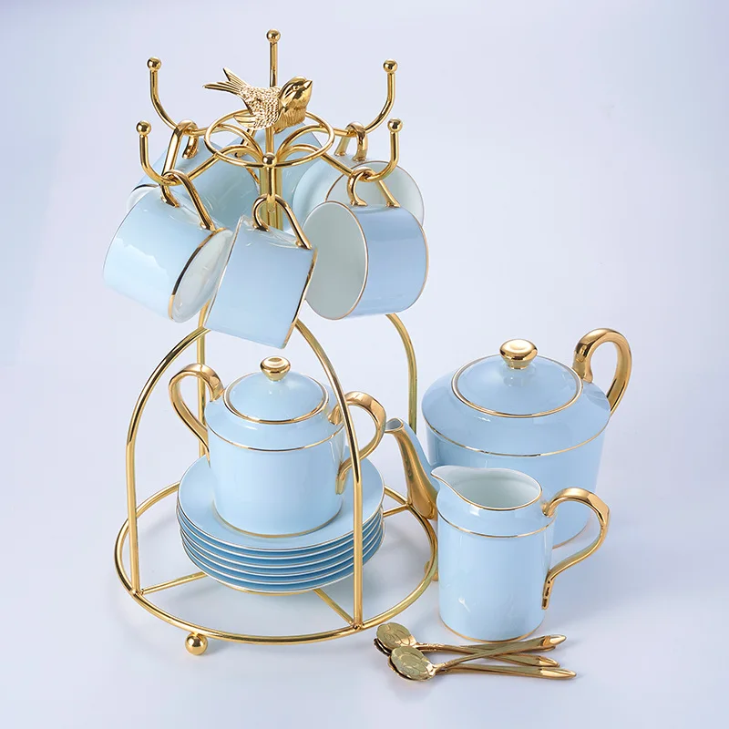 16PCS Set Золотой, синий, костяной фарфор, кофейный набор, роскошный фарфор, благородный чайный набор, расширенный горшок, чашка, керамическая кружка, сахарница, сливочник, чайная посуда - Цвет: 16PCS Set