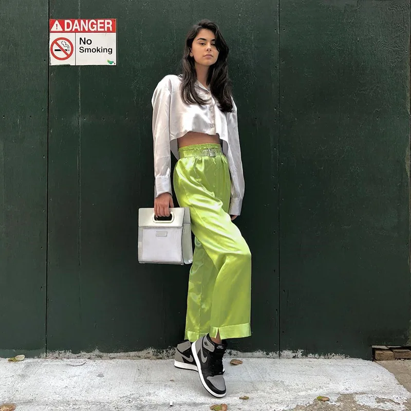 Однотонные атласные штаны с высокой талией женские повседневные Прямые брюки