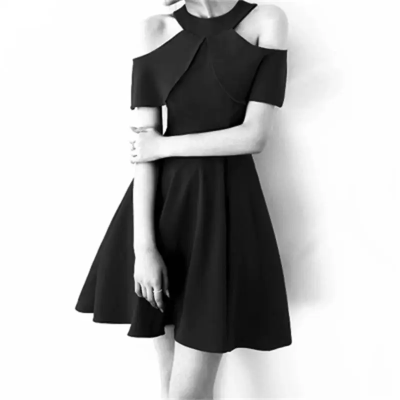 

Women dress Black dress female new Ruffle summer hanging neck strapless ladies temperament Slim elegant dress Women