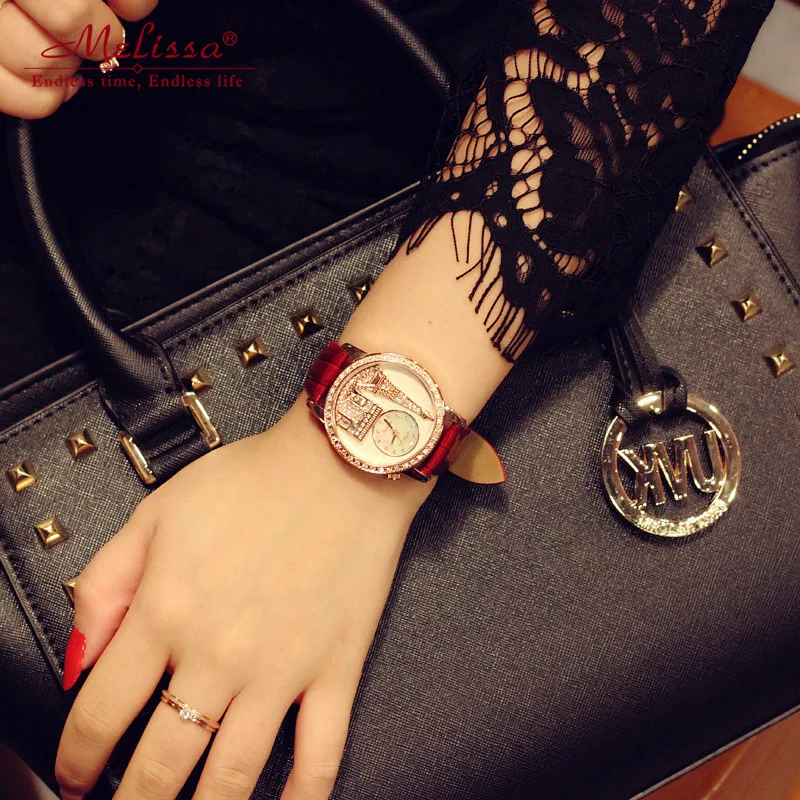 Melissa Lady Women's Watch Japan Quartz Hours Fashion Bracelet Leather Luxury Rhinestones Birthday gift Eiffel Tower Triumphal | Наручные