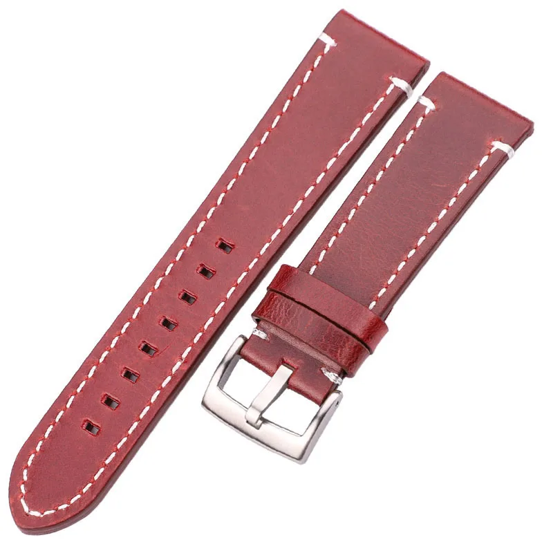 Red Brown Silver HENGRC, 18 мм, 20 мм, 22 мм, ремешок из натуральной кожи, ремешок для часов, ручной, для мужчин, Толстый коричневый, черный, Ремешки для наручных часов, пряжка, аксессуары для часов - Цвет ремешка: Red Brown Silver