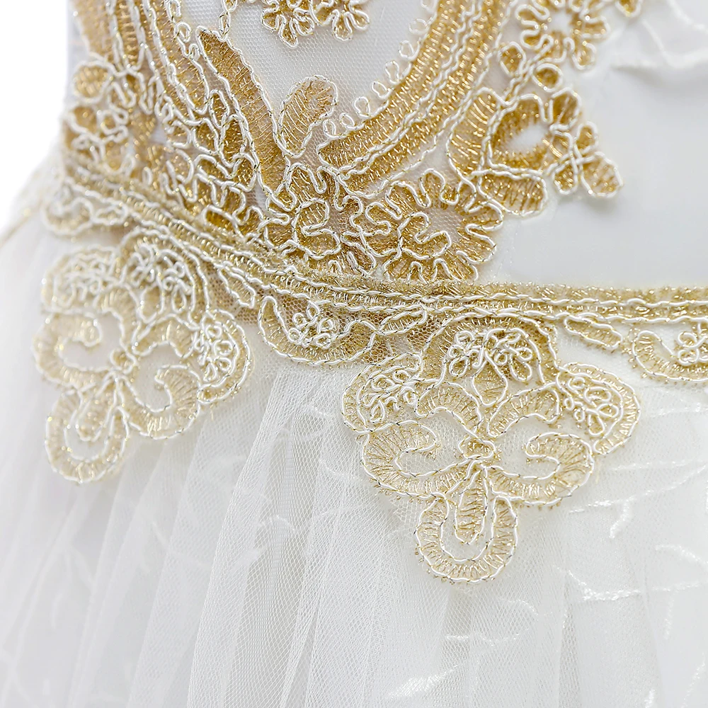 Retail Gold Elegant Lace Short Sleeves Princess Wedding Party Long Dress Appliques Girls Evening Gown LP-208 | Детская одежда и