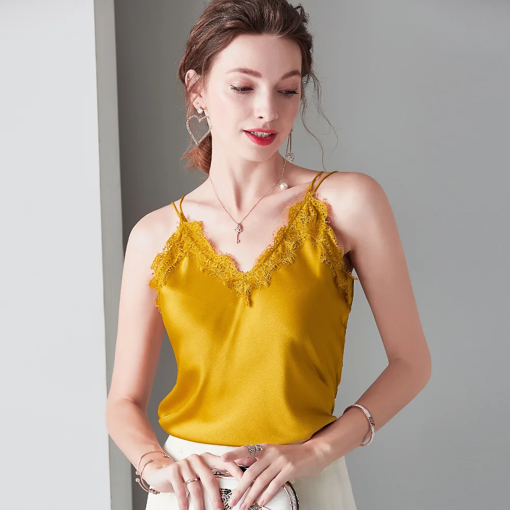 

Gold Embroidery Lace Top V Neck 100% Silk White Shirt Satin Cami Black Spaghetti Strap Tank Top Women Clothes Backless Sexy Tops