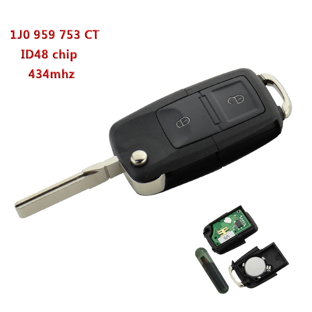 

1JO 959 753 CT 2 Buttons Flip Remote Key Fob Case 434MHz ID48 Chip For VW Volkswagen Bora Polo Golf MK4 1J0 959 753 CT