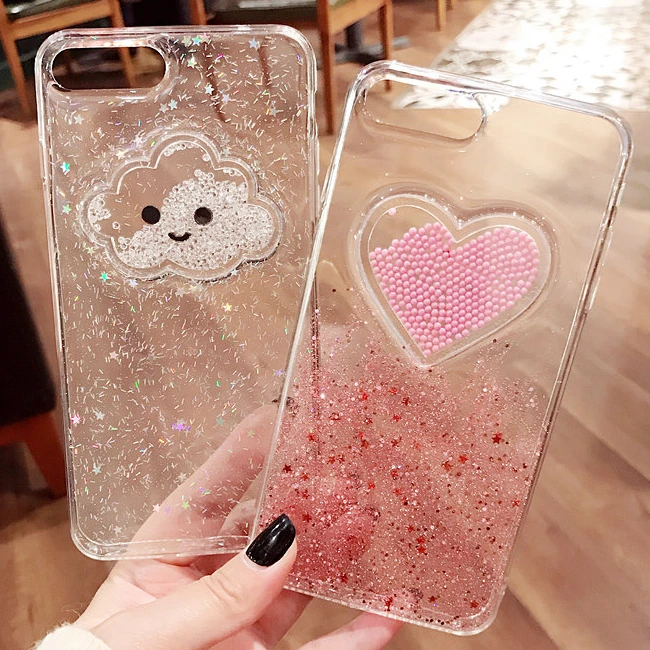 Cute Clouds Love Heart Beads Bling Glitter Clean Gel Soft Case Cover For Apple iPhone X 6S 7Plus 8Plus |