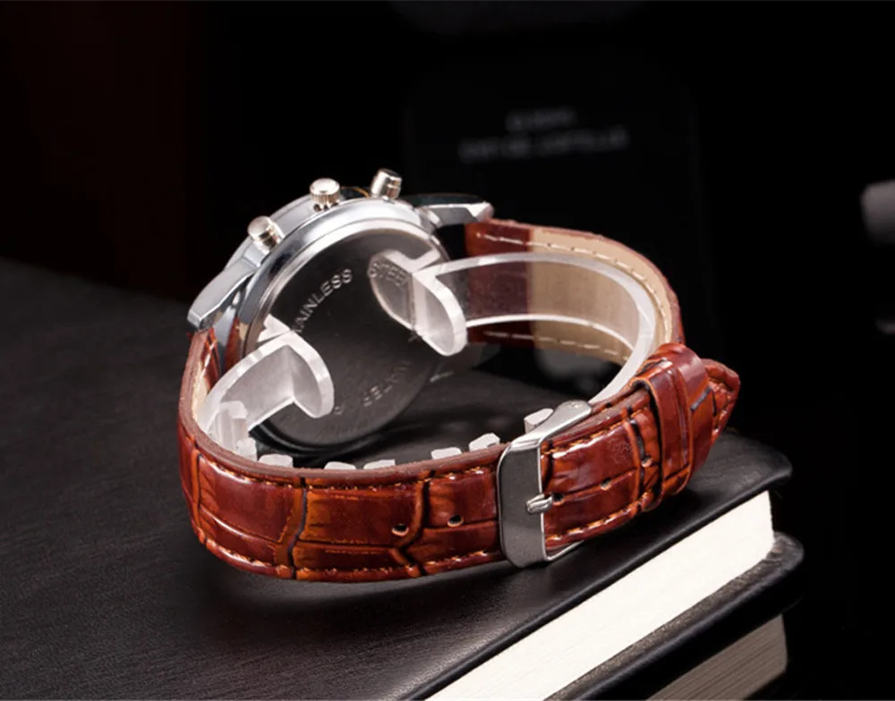 

Men Clock Luxury Fashion Casual Crocodile Faux Stainless Steel Leather Buckle Round Mens Analog Watch Wrist Watches reloj