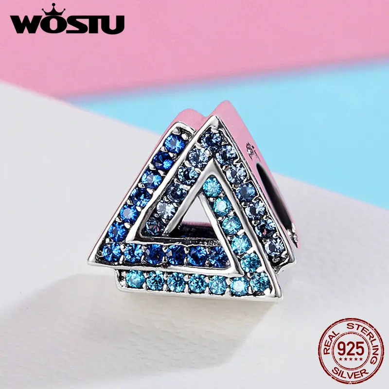 WOSTU, Настоящее серебро 925 пробы, треугольник, голубой CZ бисер, подходят к оригинальному браслету, DIY, модное ювелирное изделие, подарок CQC404