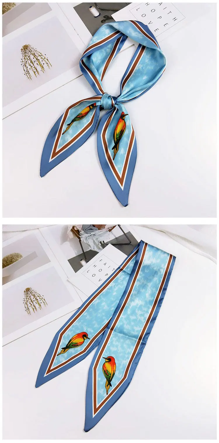 Fashion Hair Scarf For Women Neckerchief Cute Tie Wrist Ribbons Print Silk Satin Bag Scarfs Long Skinny Scarves For Ladies