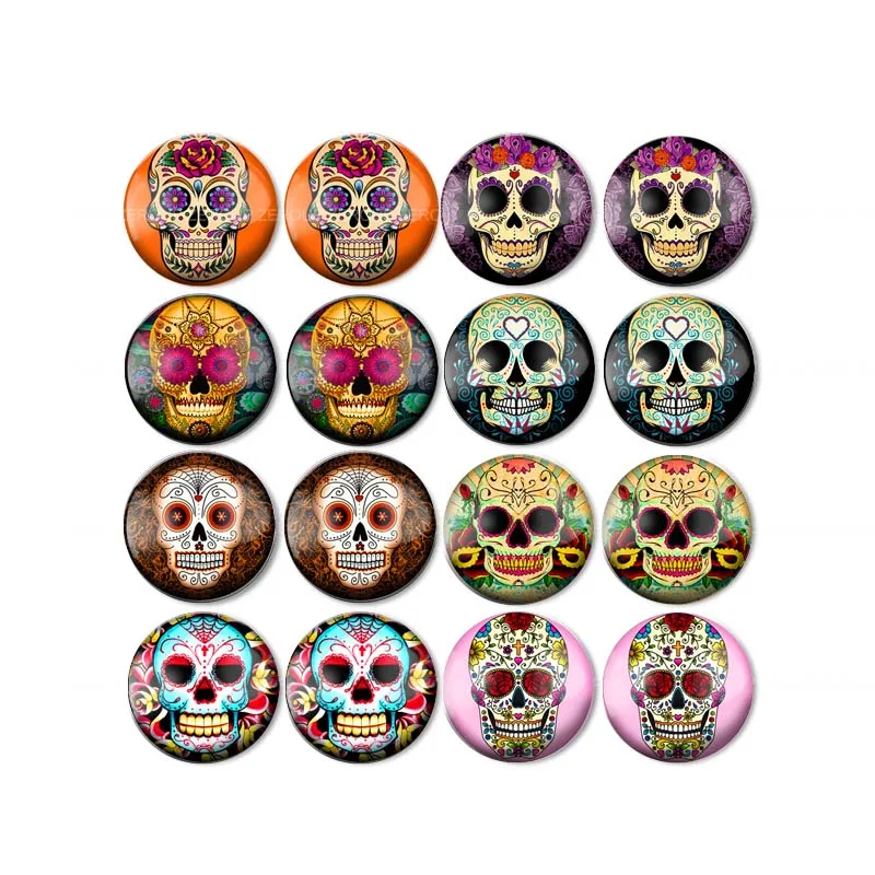 

ZEROUP 16pcs Round Glass Cabochon Fashion Skulls Mixed Pattern Fit Base Earring Setting for Jewelry Flatback BCH-025