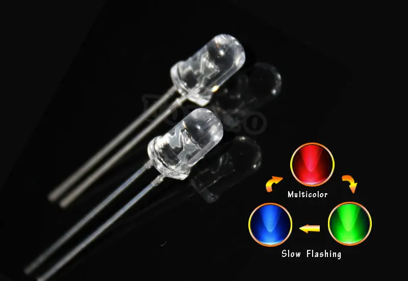 

1000pcs 5mm Water Clear Round Emitting Diode LED Lamps RGB Slow Flashing Red Green Blue 3 Colors Changing Multicolor Flicker