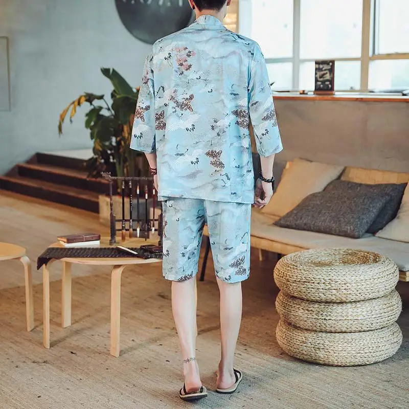 M-4XL, 4 цвета, 3/4 рукав, кимоно, рубашка, короткий комплект для мужчин, повседневный комплект из двух предметов, летняя Японская уличная одежда с принтом, комплект из 2 предметов, XXXXL