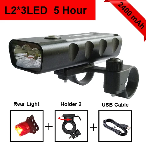 L2 2400mAh taillight NEWBOLER 2400 люмен, 3 светодиодный велосипедный светильник, 5200 мА/ч, L2/T6, вспышка, светильник, зарядка через USB, велосипедный передний светильник, набор, 2 держателя, аксессуары для крепления - Цвет: L2 2400mAh taillight